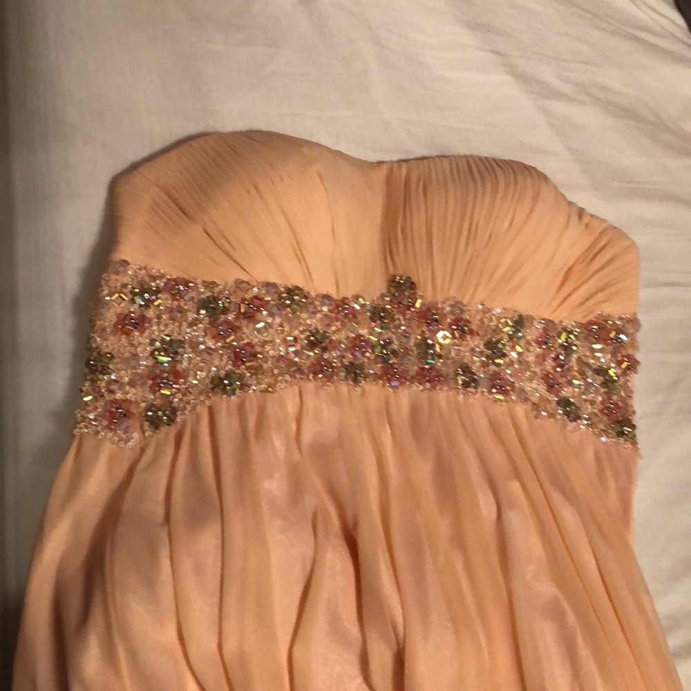 Long pink strapless prom dress